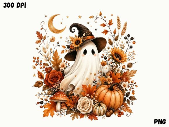 Download Witch Ghost Pumpkin Floral Halloween PNG - Premium Resources